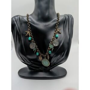 Handmade Tsarina Chain Necklace With Turquoise And Brass Tones And Charms